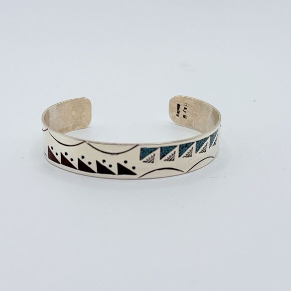 Sterling Silver Turquoise Inlay Cuff Bracelet Signed Ray B - Picture 6 of 6